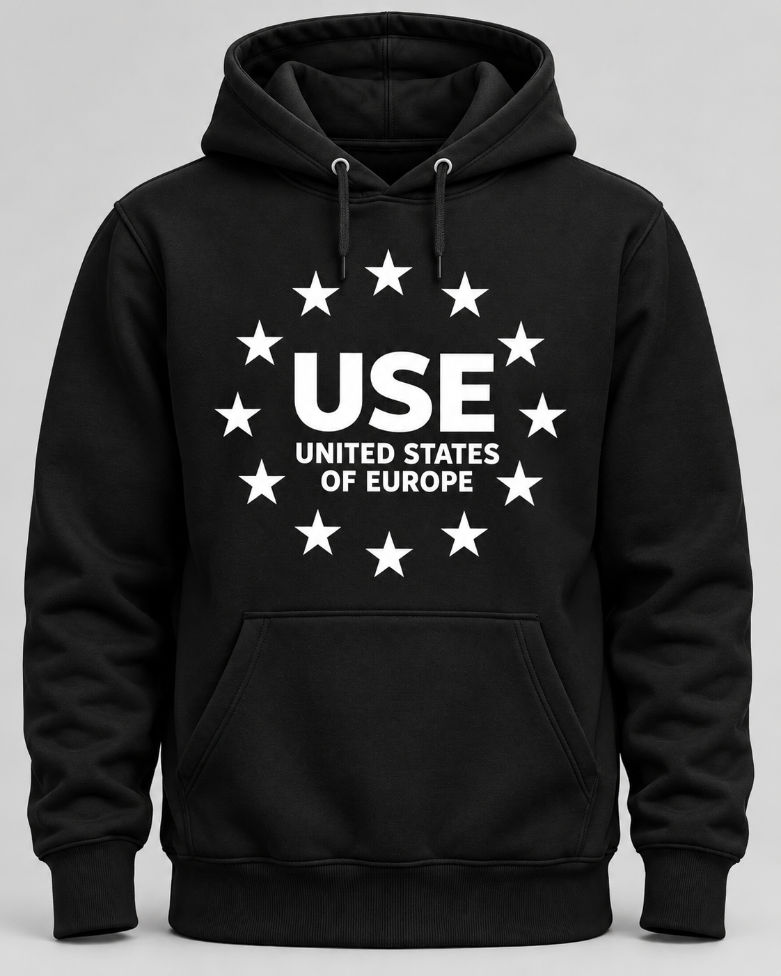 Schwarzer USE-Hoodie mit weißem USE Frontmotiv und zwölf Sternen